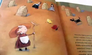 Ilustracja z baśni "Dwanaście miesięcy": dziewczynka z grabiami, motyle, biedronka, czarna postać i inne.