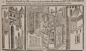 Ilustracja z tekstem "Argumentumodes.XV" przedstawia postać w wieńcu laurowym przy pulpicie, symbolizującą trwałość dzieła, co oznacza "exegi monumentum" – wzniósł pomnik.