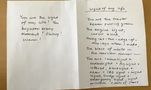 Wierszyk "Kocham Cię" na dwóch kartkach. Po lewej: "Jesteś światłem mojego życia! Rozjaśniasz każdą chwilę! Błyszcząca! Ciepła!". Po prawej: "Jesteś światłem mojego życia. Traktor, zielona poświata...