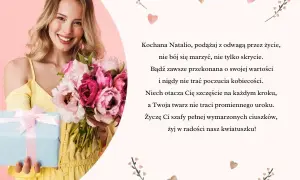 Uśmiechnięta dziewczyna w żółtej sukience z bukietem kwiatów i prezentem. Wierszyk dla Natalii, pełen życzeń i pozytywnej energii.