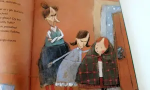 Ilustracja z baśni: zła macocha i przyrodnie siostry przy drzwiach.