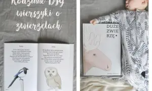 Dziecko śpi obok książki z wierszykami o zwierzętach. Na otwartej stronie sroka i sowa, a na okładce duży łoś. Idealna lektura na dobranoc.