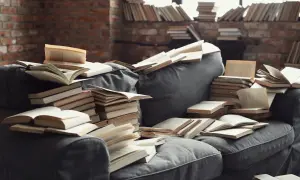 Stare książki na kanapie, stosy i otwarte tomy. Zastanawiasz się, gdzie oddać stare książki? Może biblioteka lub lokalna akcja charytatywna?