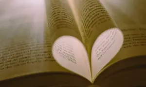 Serce z kartek książki, jakby stworzone z krótkich wierszyków miłosnych dla niego.