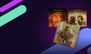 Trzy okładki książek z serii Diuna: "Mesjasz Diuny", "Heretycy Diuny" i "Diuna".
