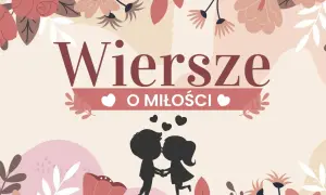 Ilustracja z napisem "Wiersze o miłości" i sylwetką pary całującej się.