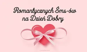 Romantyczny wiersz na dzień dobry dla ukochanej, ozdobiony sercem z różową wstążką.