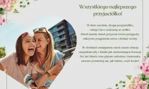 Dwie przyjaciółki śmieją się radośnie. Kartka z życzeniami i krótkie wierszyki dla koleżanki, ozdobiona kwiatami.