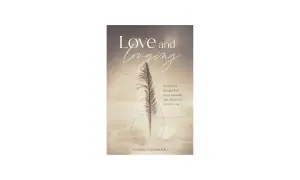 Okładka książki "Love and Longing" z piórkiem i tekstem o miłości i tęsknocie.