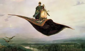 Młody mężczyzna w orientalnym stroju, kto lata na dywanie, trzymając latarnię, przelatuje nad krajobrazem.