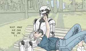 Dziewczyna leży na robocie, który siedzi na ławce w parku. Robot czule dotyka jej policzka. "Nikt mnie nie zna tak jak ty..." - mówi dziewczyna. To idealne czułe wierszyki dla niego.