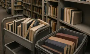 Wózki z książkami w bibliotece. Czy biblioteka przyjmuje książki? Widać regały pełne książek i wózki z nowymi pozycjami.