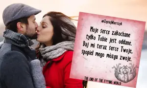 Zakochana para całuje się, a obok wierszyk z #ZepsujWierszyk, który mógłby być częścią rymowanki śmieszne dla dorosłych.