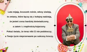 Wesołe życzenia urodzinowe wierszyki dla doświadczonego jubilata. Radosny mężczyzna w koronie i okularach z napisem "Happy Birthday".