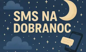 Nocne niebo z księżycem i gwiazdami. Na ekranie telefonu widnieje dymek czatu, a napis "SMS NA DOBRANOC" sugeruje śmieszne wierszyki na dobranoc.