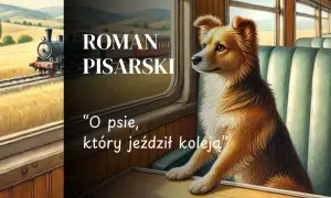 Pies siedzi w pociągu, patrząc przez okno na krajobraz. To ilustracja do książki Romana Pisarskiego "O psie, który jeździł koleją".