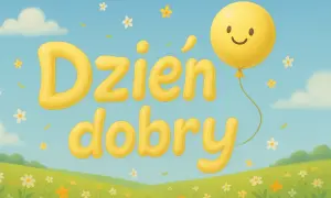 Wesołe wierszyki na dzień dobry unoszą się na błękitnym niebie z chmurkami i kwiatkami. Uśmiechnięty balonik towarzyszy napisowi.