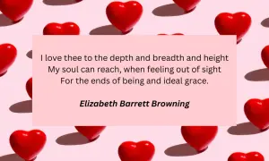 Czerwone serca na różowym tle. Cytat Elizabeth Barrett Browning o miłości, który może być inspiracją do pisania wierszy o pożądaniu dla niego.