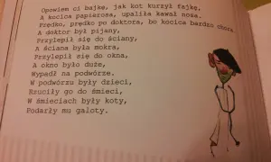 Wierszyki z przekleństwami: pijany doktor, który spadł z okna i został obrzucony śmieciami przez dzieci.
