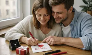 Para pisze kartkę z napisem "Kocham Cię" i prezentami. Może to początek wierszyka dla żony?