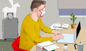 Autor z gwiazdą na twarzy pracuje przy laptopie, zastanawiając się, ile zarabiają autorzy książek. Obok walizka i pegaz.