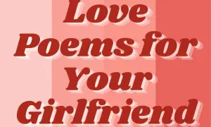Wierszyk do dziewczyny. Napis "Love Poems for Your Girlfriend" na tle w odcieniach różu i czerwieni.