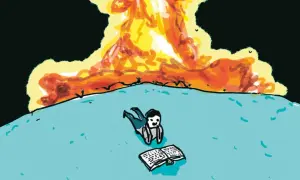 Człowiek czyta książkę na tle wybuchu. Ilustracja pokazuje, jak działa literatura Jamesa Wooda, nawet w obliczu katastrofy.