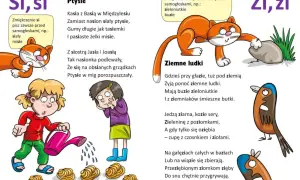 Kotek bawi się kamieniem, a obok ptaszki śpiewają. Dzieci podlewają coś, co wygląda jak ptysie. To krótkie wierszyki śmieszne.
