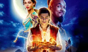 Aladyn trzymający magiczną lampę, z której wydobywa się złoty dym. Obok księżniczka Dżasmina i Dżinn.