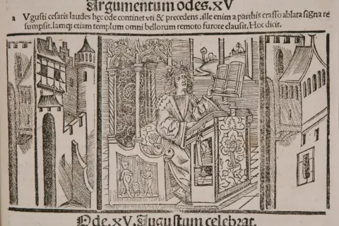 Ilustracja z tekstem "Argumentumodes.XV" przedstawia postać w wieńcu laurowym przy pulpicie, symbolizującą trwałość dzieła, co oznacza "exegi monumentum" – wzniósł pomnik.
