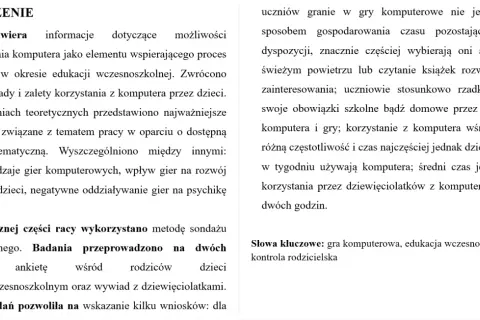 Streszczenie pracy o grach komputerowych w edukacji wczesnoszkolnej, analizujące ich wpływ na dzieci. Jak napisać recenzję książki naukowej o tym temacie?