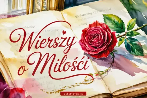Otwarta księga z napisem "Wierszy o Miłości" i czerwoną różą. Wiersze o miłości, tęsknocie i smutku zaklęte w słowach i kwiatach.