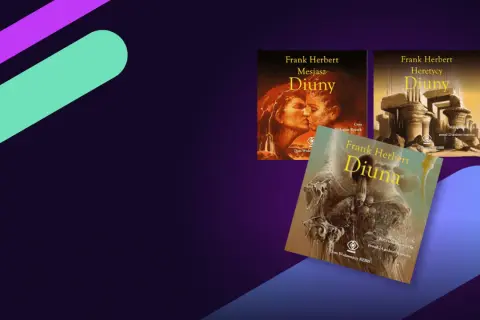 Trzy okładki książek z serii Diuna: "Mesjasz Diuny", "Heretycy Diuny" i "Diuna".