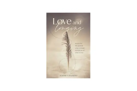Okładka książki "Love and Longing" z piórkiem i tekstem o miłości i tęsknocie.