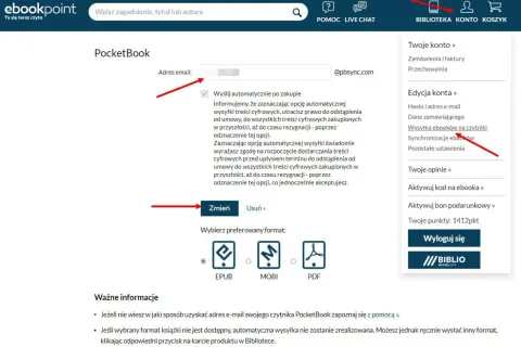 Ustawienia konta ebookpoint: jak ściągnąć książki na Kindle. Wybierz format EPUB, MOBI lub PDF.