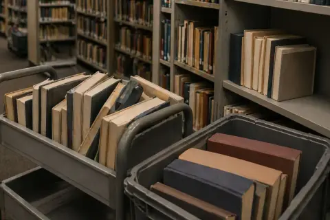 Wózki z książkami w bibliotece. Czy biblioteka przyjmuje książki? Widać regały pełne książek i wózki z nowymi pozycjami.