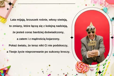 Wesołe życzenia urodzinowe wierszyki dla doświadczonego jubilata. Radosny mężczyzna w koronie i okularach z napisem "Happy Birthday".