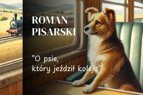 Pies siedzi w pociągu, patrząc przez okno na krajobraz. To ilustracja do książki Romana Pisarskiego "O psie, który jeździł koleją".