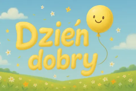 Wesołe wierszyki na dzień dobry unoszą się na błękitnym niebie z chmurkami i kwiatkami. Uśmiechnięty balonik towarzyszy napisowi.
