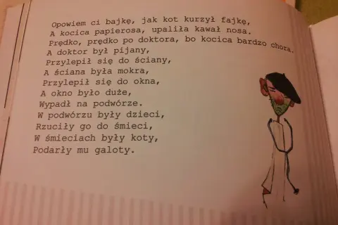 Wierszyki z przekleństwami: pijany doktor, który spadł z okna i został obrzucony śmieciami przez dzieci.
