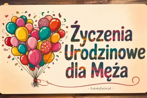 Kolorowe balony unoszą się, tworząc serce. Napis głosi: "Życzenia Urodzinowe dla Męża". To idealny wiersz dla męża od żony.