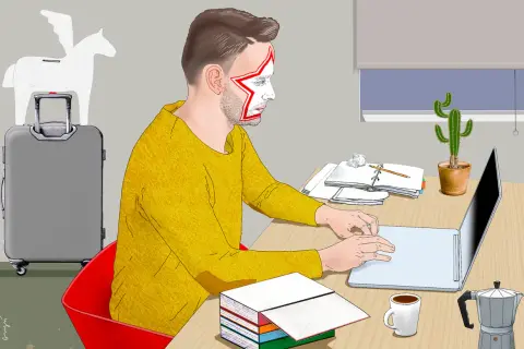Autor z gwiazdą na twarzy pracuje przy laptopie, zastanawiając się, ile zarabiają autorzy książek. Obok walizka i pegaz.