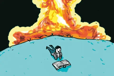 Człowiek czyta książkę na tle wybuchu. Ilustracja pokazuje, jak działa literatura Jamesa Wooda, nawet w obliczu katastrofy.