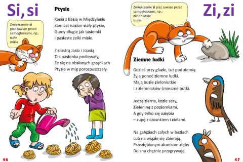 Kotek bawi się kamieniem, a obok ptaszki śpiewają. Dzieci podlewają coś, co wygląda jak ptysie. To krótkie wierszyki śmieszne.