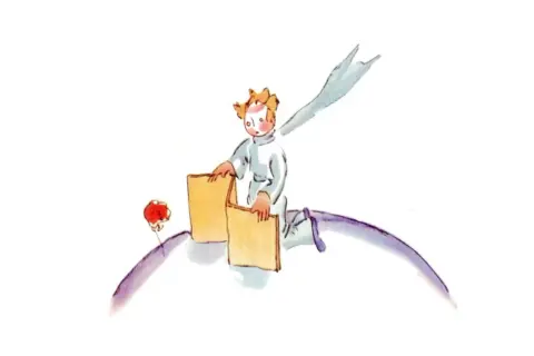 Mały Książę z różą i pudełkiem, które narysował Antoine de Saint-Exupéry, autor tej wzruszającej opowieści.