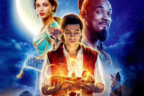 Aladyn trzymający magiczną lampę, z której wydobywa się złoty dym. Obok księżniczka Dżasmina i Dżinn.