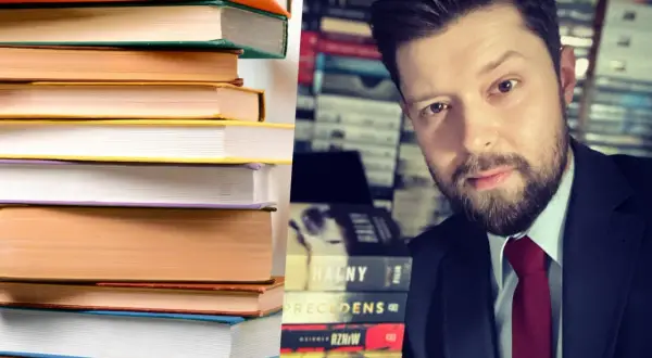 Stos książek obok autora. Ile Remigiusz Mróz napisał książek? Na półce widać tytuły: "Halny", "Precedens", "Rzniw", "Mroz".