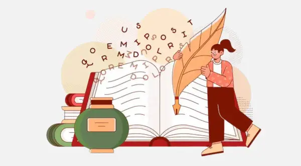Ilustracja: dziewczyna pisze piórem na otwartej księdze, obok kałamarz i stos książek.