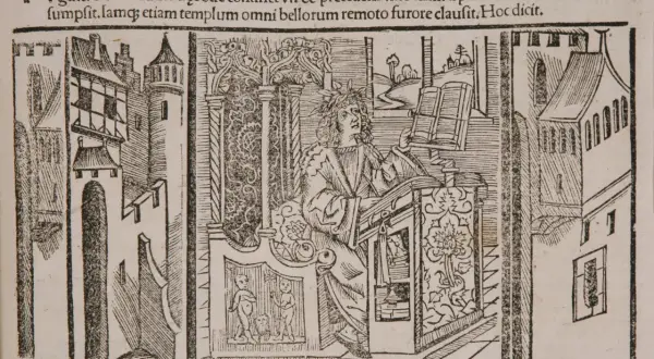 Ilustracja z tekstem "Argumentumodes.XV" przedstawia postać w wieńcu laurowym przy pulpicie, symbolizującą trwałość dzieła, co oznacza "exegi monumentum" – wzniósł pomnik.