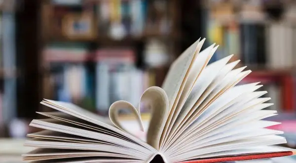 Otwarta książka z kartkami ułożonymi w kształt serca. W tle widać regały pełne książek.